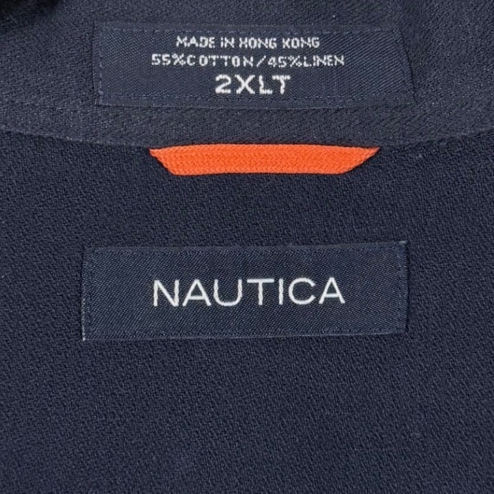 Nautica Short Sleeve Button Down Shirt 2XLT Navy Cotton Linen Pockets Coastal - Picture 3 of 7